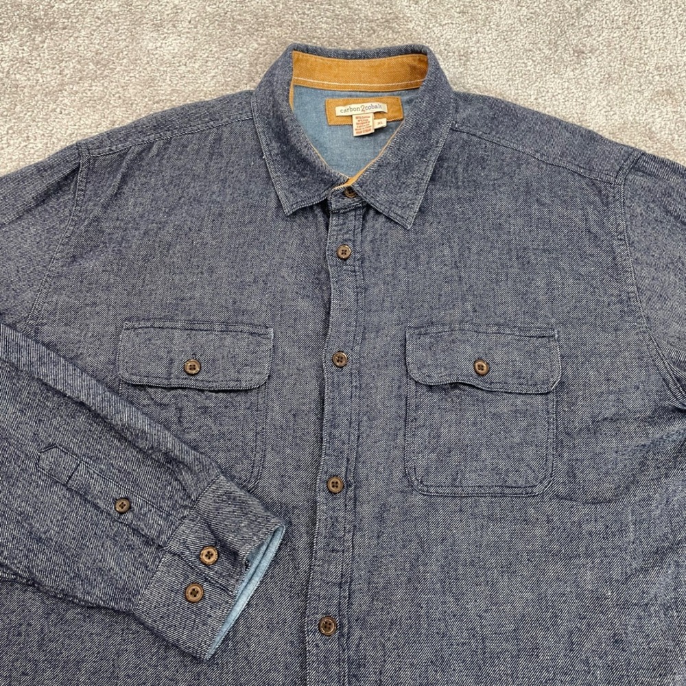 Carbon 2 Cobalt Button Up Shirt Mens Extra Large Cotton Yak Hair Pockets Blue